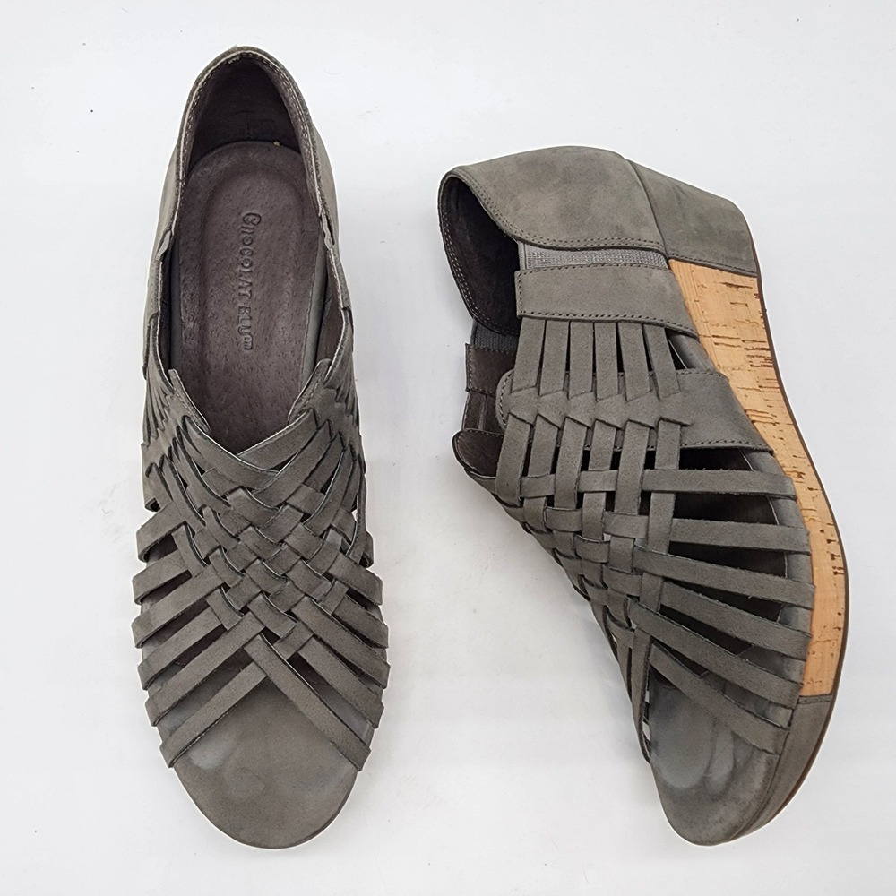Chocolat Blu Yoko Woven Wedge Sandals Women's Size 8 Grey Leather Cork Heel